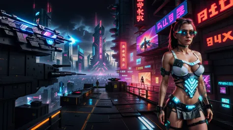 (((aerial view))) image of a cyberpunk cityscape, (((all-glass))) towering skyscrapers, a lot of neon lights and holographic bil...