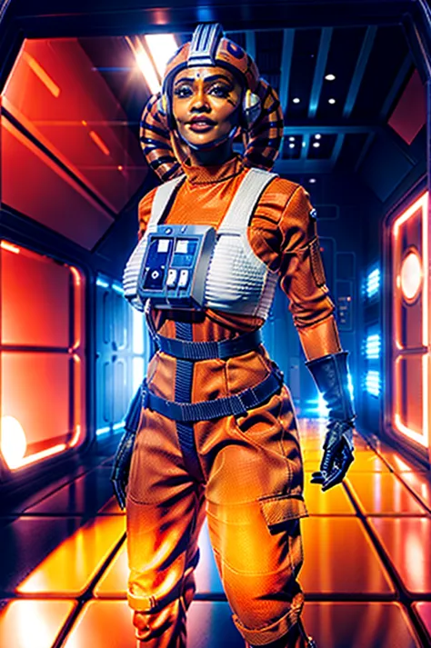 twilek in rebel pilot suit,orange skin,futuristic corridor,tech,space base