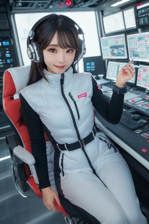 masterpiece, Highest quality, Very detailed, 8K Portrait,Japanese Android Girl,plump , Control panel,Robotic arms and legs, Blunt bangs,,break (Metallic Gray, Metallic luster, Mirror finish, Astro Best):5,headphone:5,break (Black sleeves):100,Smart Watches,Futuristic space station,Control Room,break headphone,blue eyes,(Black Hair):2,(Long Hair):1.3,Displaying the viewer,(respirator),break blush:3,Hidden Hand,smile