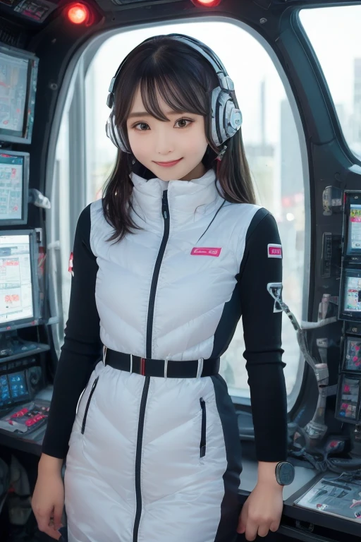 masterpiece, Highest quality, Very detailed, 8K Portrait,Japanese Android Girl,plump , Control panel,Robotic arms and legs, Blunt bangs,,break (Metallic Gray, Metallic luster, Mirror finish, Astro Best):5,headphone:5,break (Black sleeves):100,Smart Watches,Futuristic space station,Control Room,break headphone,blue eyes,(Black Hair):2,(Long Hair):1.3,Displaying the viewer,(respirator),break blush:3,Hidden Hand,smile