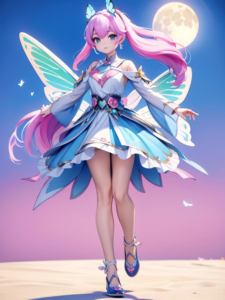 Seizo Watase style, Simple Line Initialism，Abstract art, 3d character, colorful hearts ,(((The most beautiful girl of all time))),  (full body 1.2), only girl, long hair, bufferfly and sky background, 20 year old, full body, (((8k))), (((3d)), blue and pink hair, Large butterfly wings on the back, moon
