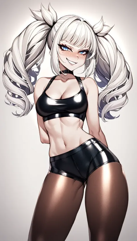 1 Girl, Nylon Crop Top, Nylon Leggings, Medium Breasts, Booty Shorts, Blue Eyes, Platinum White Hair, Twin Tail Hair Style, Pale...