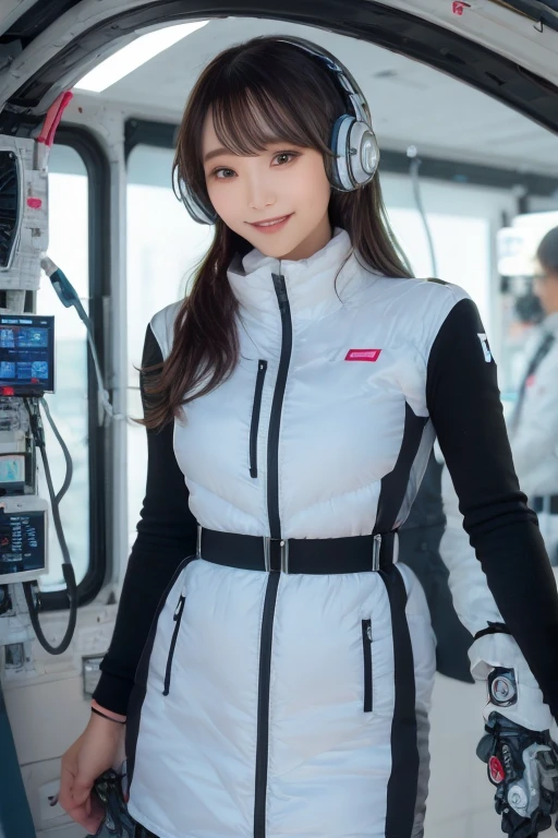 masterpiece, Highest quality, Very detailed, 8K Portrait,Japanese Android Girl,plump , Control panel,Robotic arms and legs, Blunt bangs,,break (Metallic Gray, Metallic luster, Mirror finish, Astro Best):5,headphone:5,break (Black sleeves):100,Smart Watches,Futuristic space station,Control Room,break headphone,blue eyes,(Black Hair):2,(Long Hair):1.3,Displaying the viewer,(respirator),break blush:3,Hidden Hand,smile