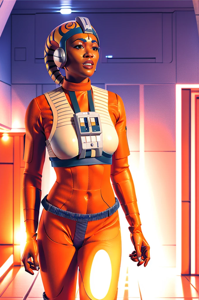 twilek con traje de piloto rebelde,orange skin,futuristic corridor,tecnología,base espacial

