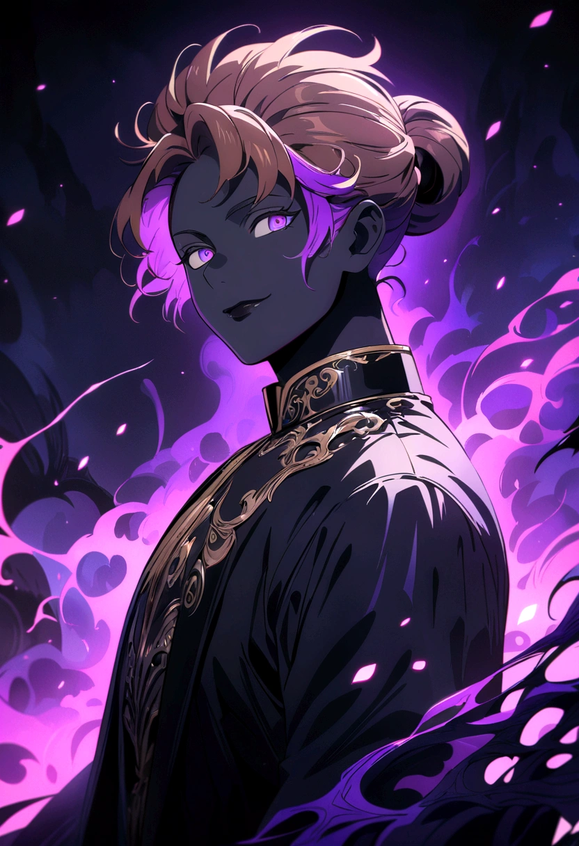 Black young man, arrogant smile, Brown hair with purple highlights, using a black coat, Gojou Satoru Hairstyle, BLACK MAN WITH BLACK SKIN COLOR, Anime art style, high res, ultra-detailed, (best quality,4k, high res, masterpiece), subdued colors, vivid colors, professional lighting, detailed lips, detailed eyes, detailed body