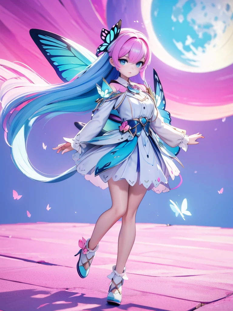 Seizo Watase style, Simple Line Initialism，Abstract art, 3d character, colorful hearts ,(((The most beautiful girl of all time))),  (full body 1.2), only girl, long hair, bufferfly and sky background, 20 year old, full body, (((8k))), (((3d)), blue and pink hair, Large butterfly wings on the back, moon