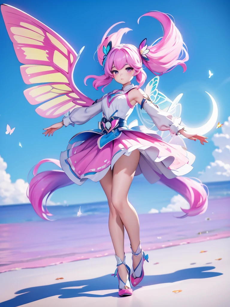 Seizo Watase style, Simple Line Initialism，Abstract art, 3d character, colorful hearts ,(((The most beautiful girl of all time))),  (full body 1.2), only girl, long hair, bufferfly and sky background, 20 year old, full body, (((8k))), (((3d)), blue and pink hair, Large butterfly wings on the back, moon