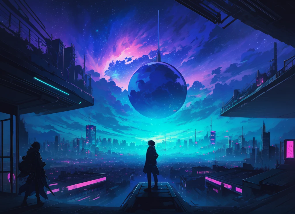 masterpiece, ultra high res, 8k, Volumatic light, a wonderful sky, highquality, , [teal theme:indigo theme: magenta theme:0.5], video game wallpaper, digital cityscape, cyberpunk environments 