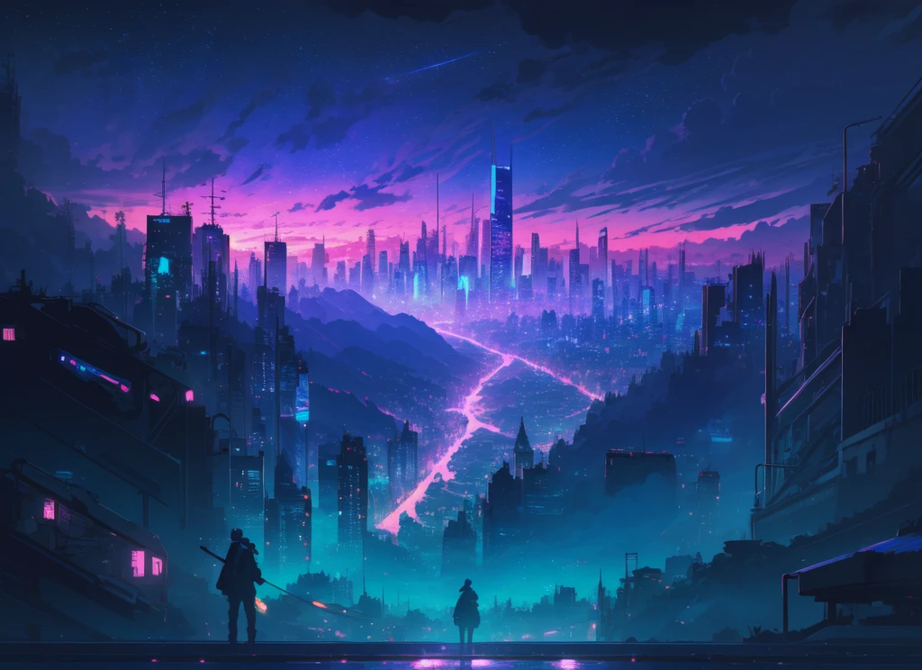 masterpiece, ultra high res, 8k, Volumatic light, a wonderful sky, highquality, , [teal theme:indigo theme: magenta theme:0.5], video game wallpaper, digital cityscape, cyberpunk environments 