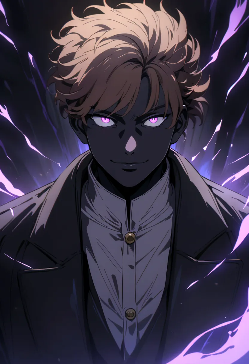 black young man, arrogant smile, brown hair with purple highlights, using a black coat, gojou satoru hairstyle, black man with b...