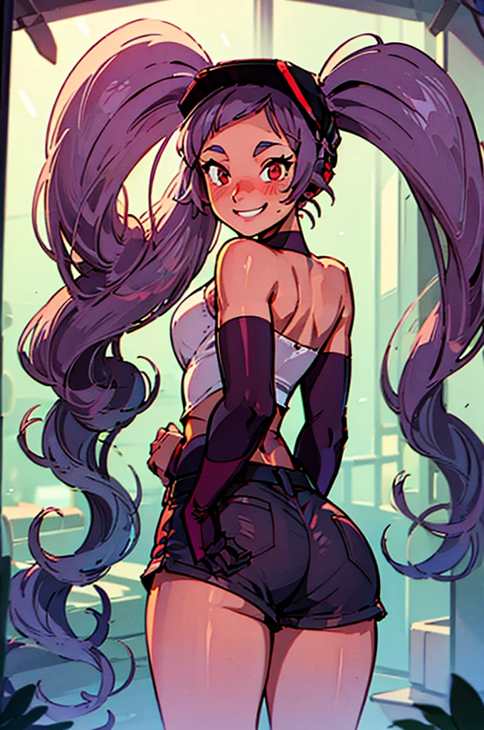 Entrapta, smiling, embarrassed, long purple hair, twin ponytails, red eyes, wearing tube top, wearing booty shorts, thick thighs, underbutt