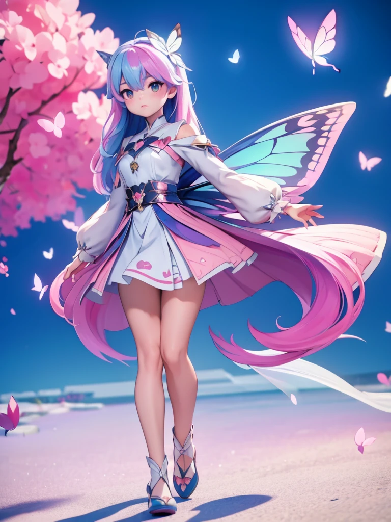 Seizo Watase style, Simple Line Initialism，Abstract art, 3d character, colorful hearts ,(((The most beautiful girl of all time))),  (full body 1.2), only girl, long hair, bufferfly and sky background, 20 year old, full body, (((8k))), (((3d)), blue and pink hair, Large butterfly wings on the back, moon