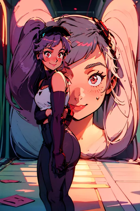 entrapta, smiling, embarrassed, long purple hair, twin ponytails, red eyes, wearing tube top, wearing booty shorts, thick thighs...