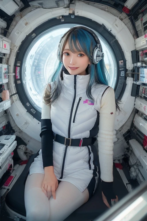 masterpiece, Highest quality, Very detailed, 8K Portrait,masterpiece, highest quality, high resolution, breasts, 20yo,1 girl,(solo):2,,blonde hair,(inside space station):2,flying:2,floatong:2,zero gravity,wind:1.5,anime lovelive style,

BREAK
headphone,(futurstic tight-fit bodysuit):2,(shiny silver long downvest):100,(northface silver metallic puffy downvest):2,(puffy):2,(black sleeves):5,(black tights):2,(black belt),futuristic boots and gloves,(smartwatch):100,astrovest
BREAK
1 girls, sitting in spacecraft cabin with 4-point seat belt, securely fastened, space station interior, looking out of large windows at Earth below, beautiful eyes, she have aluminum foil pouch,(aluminum foil pouch with plastic viewing window):2, contains nutritious liquid or puree together, smiling and chatting, bright and cheerful expressions, high quality cinematic lighting, detailed textures, sharp focus,blue hair,blue eyes,
