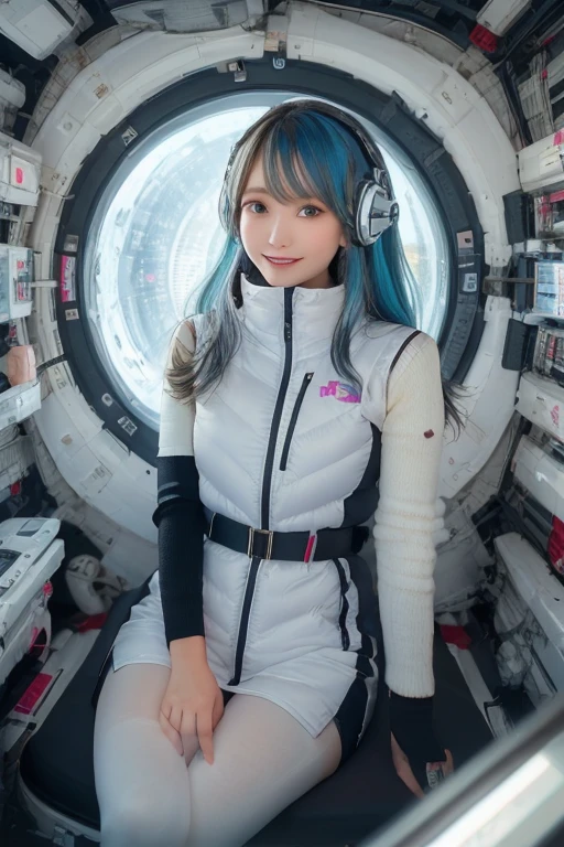 masterpiece, Highest quality, Very detailed, 8K Portrait,masterpiece, highest quality, high resolution, breasts, 20yo,1 girl,(独奏):2,,blonde hair,(inside space station):2,flying:2,floatong:2,zero gravity,wind:1.5,anime lovelive style,

BREAK
headphone,(futurstic tight-fit bodysuit):2,(shiny silver long downvest):100,(northface silver metallic puffy downvest):2,(puffy):2,(black sleeves):5,(black tights):2,(black belt),futuristic boots and gloves,(smartwatch):100,astrovest
BREAK
1 girls, sitting in spacecraft cabin with 4-point seat belt, securely fastened, space station interior, looking out of large windows at Earth below, beautiful eyes, she have aluminum foil pouch,(aluminum foil pouch with plastic viewing window):2, contains nutritious liquid or puree together, smiling and chatting, bright and cheerful expressions, high quality cinematic lighting, detailed textures, sharp focus,blue hair,blue eyes,
