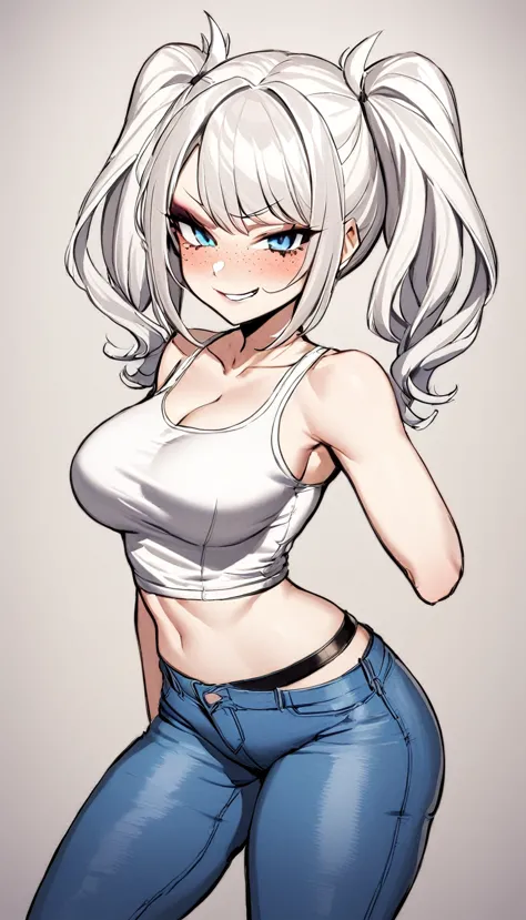 1 girl, baggy t shirt , jeans, medium breasts, booty shorts, blue eyes, platinum white hair, twin tail hair style, pale white sk...