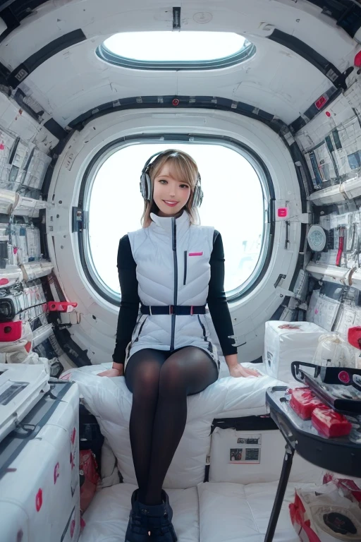 masterpiece, Highest quality, Very detailed, 8K Portrait,masterpiece, highest quality, high resolution, breasts, 20yo,1 girl,(solo):2,,blonde hair,(inside space station):2,flying:2,floatong:2,zero gravity,wind:1.5,anime lovelive style,

BREAK
headphone,(futurstic tight-fit bodysuit):2,(shiny silver long downvest):100,(northface silver metallic puffy downvest):2,(puffy):2,(black sleeves):5,(black tights):2,(black belt),futuristic boots and gloves,(smartwatch):100,astrovest
BREAK
1 girls, sitting in spacecraft cabin with 4-point seat belt, securely fastened, space station interior, looking out of large windows at Earth below, beautiful eyes, she have aluminum foil pouch,(aluminum foil pouch with plastic viewing window):2, contains nutritious liquid or puree together, smiling and chatting, bright and cheerful expressions, high quality cinematic lighting, detailed textures, sharp focus,blue hair,blue eyes,
