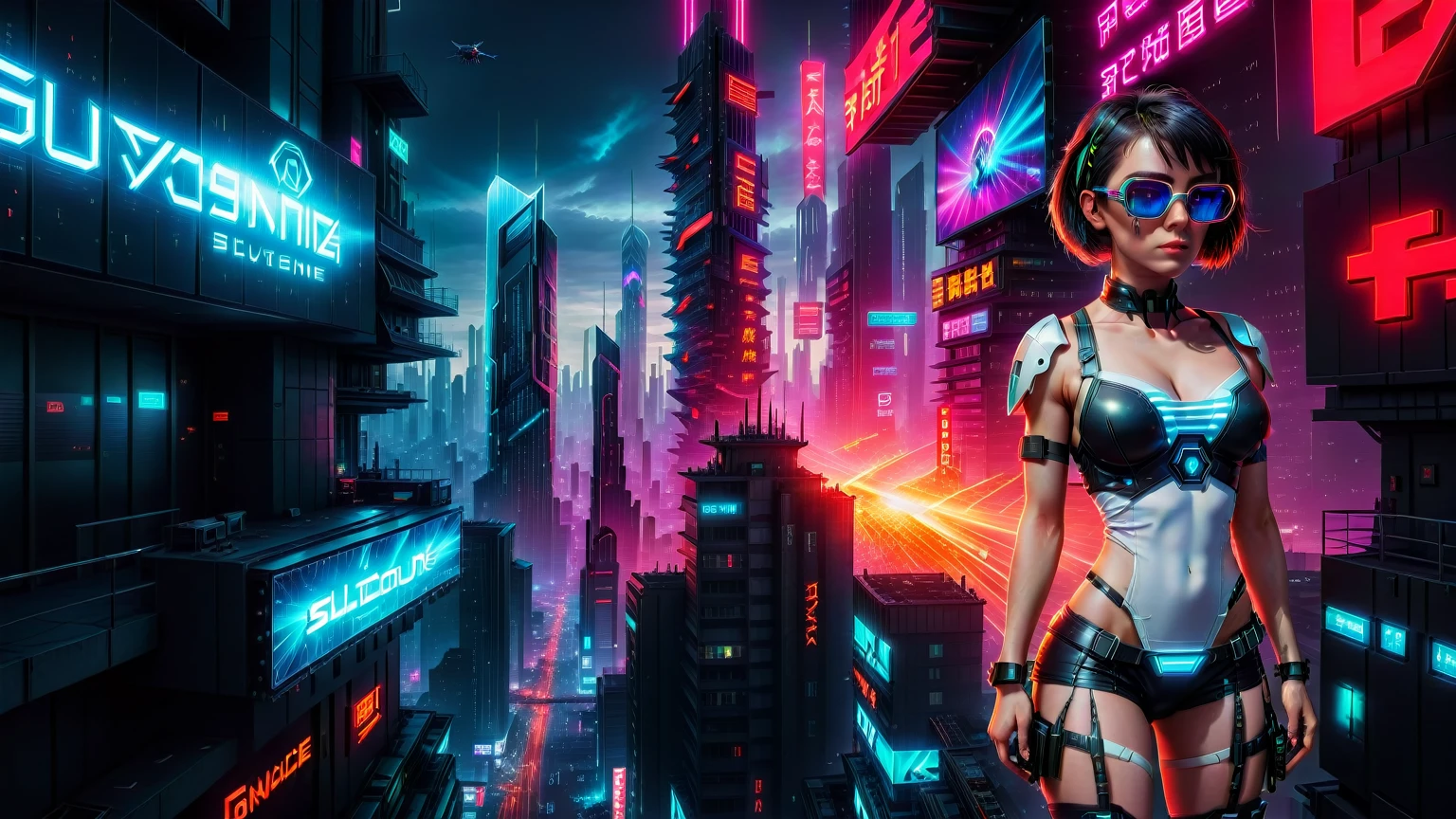 (((aerial view))) image of a cyberpunk cityscape, (((all-glass))) towering skyscrapers, a lot of neon lights and holographic billboards, futuristic, high-tech elements, 1drone. In the foreground, a woman, mechanical joints. at night, (((1girl, solo, alone))), photo realistic, (medium-breast slim body, cleavage, short hair), (((tank top, extreamly short pleated (((miniskirt))) exposing panty))), (((((black sunglasses))))), (((((aiming at camera with a (short gun), (looking at camera)))))), (((dynamic pose))), (((((half-body (thigh level) medium shot))))), (cinematic lighting).