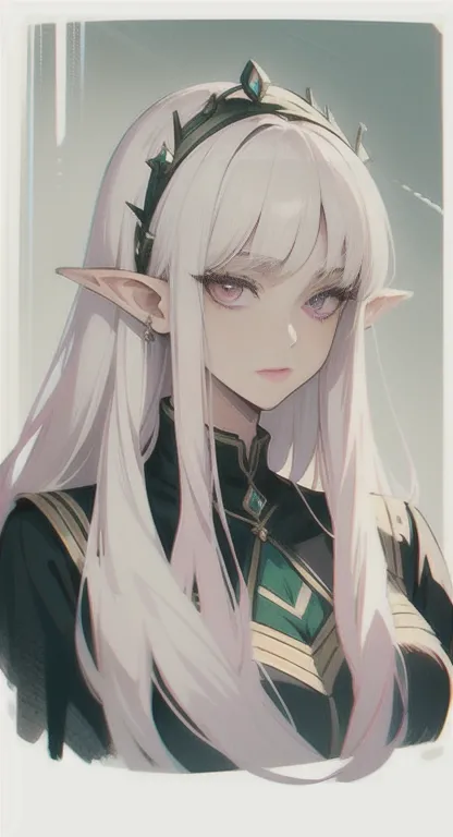 Ancient, long white hair pink eyes, elf Princess Saria, Ancient uniform, elves everywhere, looking at viewer, SFW, vintage portr...