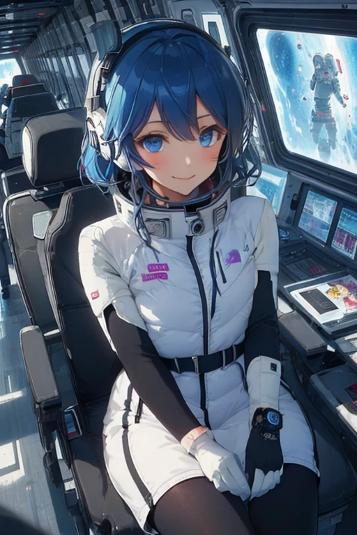 masterpiece, highest quality, high resolution, breasts, 20yo,1 girl,(solo):2,,blonde hair,(inside space station):2,flying:2,floatong:2,zero gravity,wind:1.5,anime lovelive style,

BREAK
headphone,(futurstic tight-fit bodysuit):2,(shiny silver long downvest):100,(northface silver metallic puffy downvest):2,(puffy):2,(black sleeves):5,(black tights):2,(black belt),futuristic boots and gloves,(smartwatch):100,astrovest
BREAK
1 girls, sitting in spacecraft cabin with 4-point seat belt, securely fastened, space station interior, looking out of large windows at Earth below, beautiful eyes, she have aluminum foil pouch,(aluminum foil pouch with plastic viewing window):2, contains nutritious liquid or puree together, smiling and chatting, bright and cheerful expressions, high quality cinematic lighting, detailed textures, sharp focus,blue hair,blue eyes,
