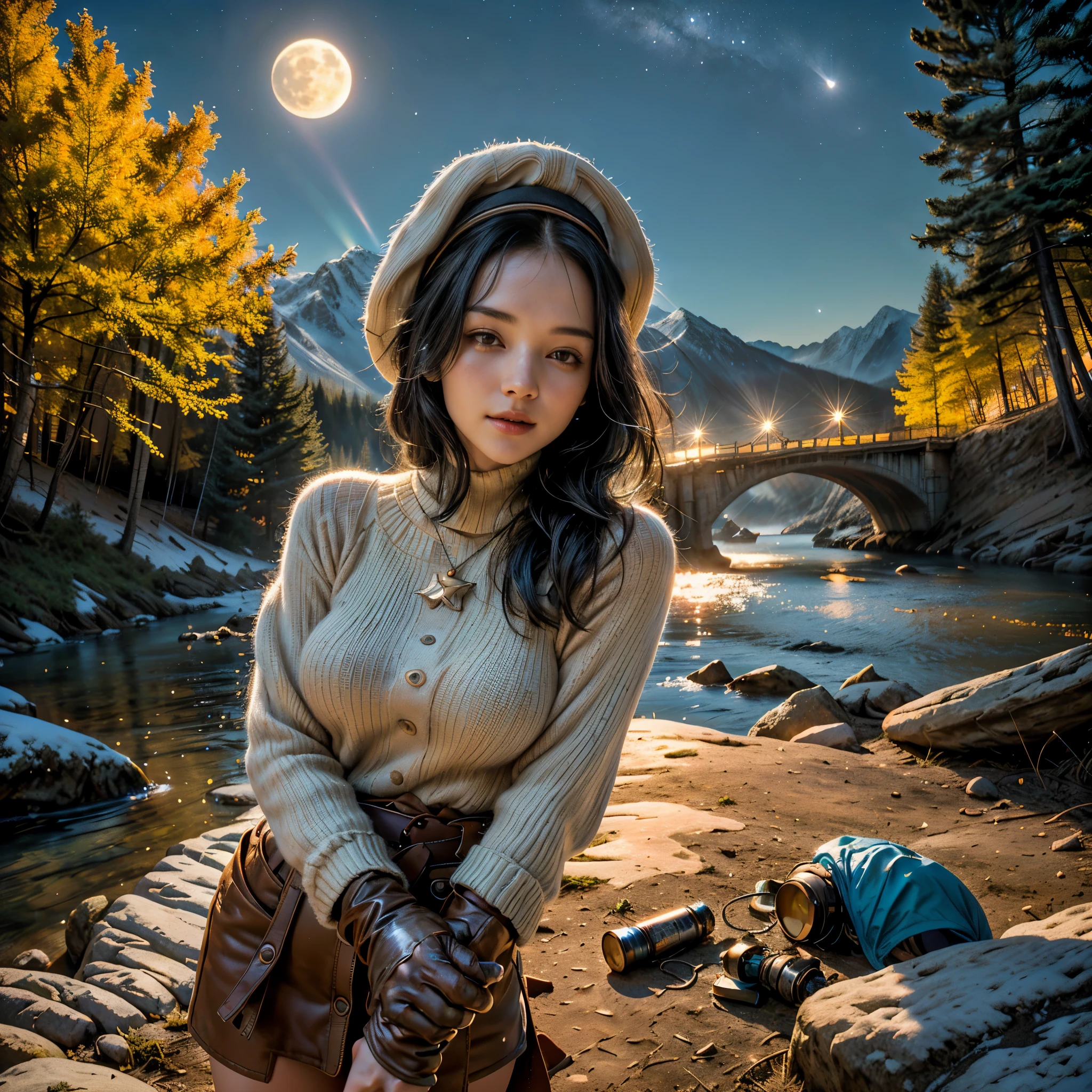 1 woman((upper body selfie, happy)), masterpiece, best quality, ultra-detailed, solo, outdoors, (night), mountains, nature, (stars, moon) cheerful, happy, backpack, sleeping bag, camping stove, water bottle, mountain boots, gloves, sweater, hat, flashlight, forest, rocks, river, wood, smoke, shadows, contrast, clear sky, analog style (look at viewer:1.2) (skin texture) (film grain:1.3), (warm hue, warm tone), jenya.d