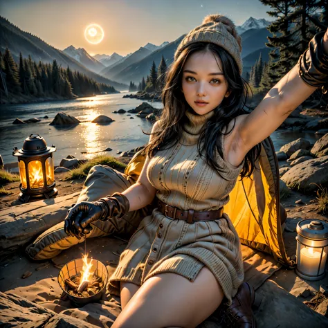 1 woman((upper body selfie, happy)), masterpiece, best quality, ultra-detailed, solo, outdoors, (night), mountains, nature, (sta...