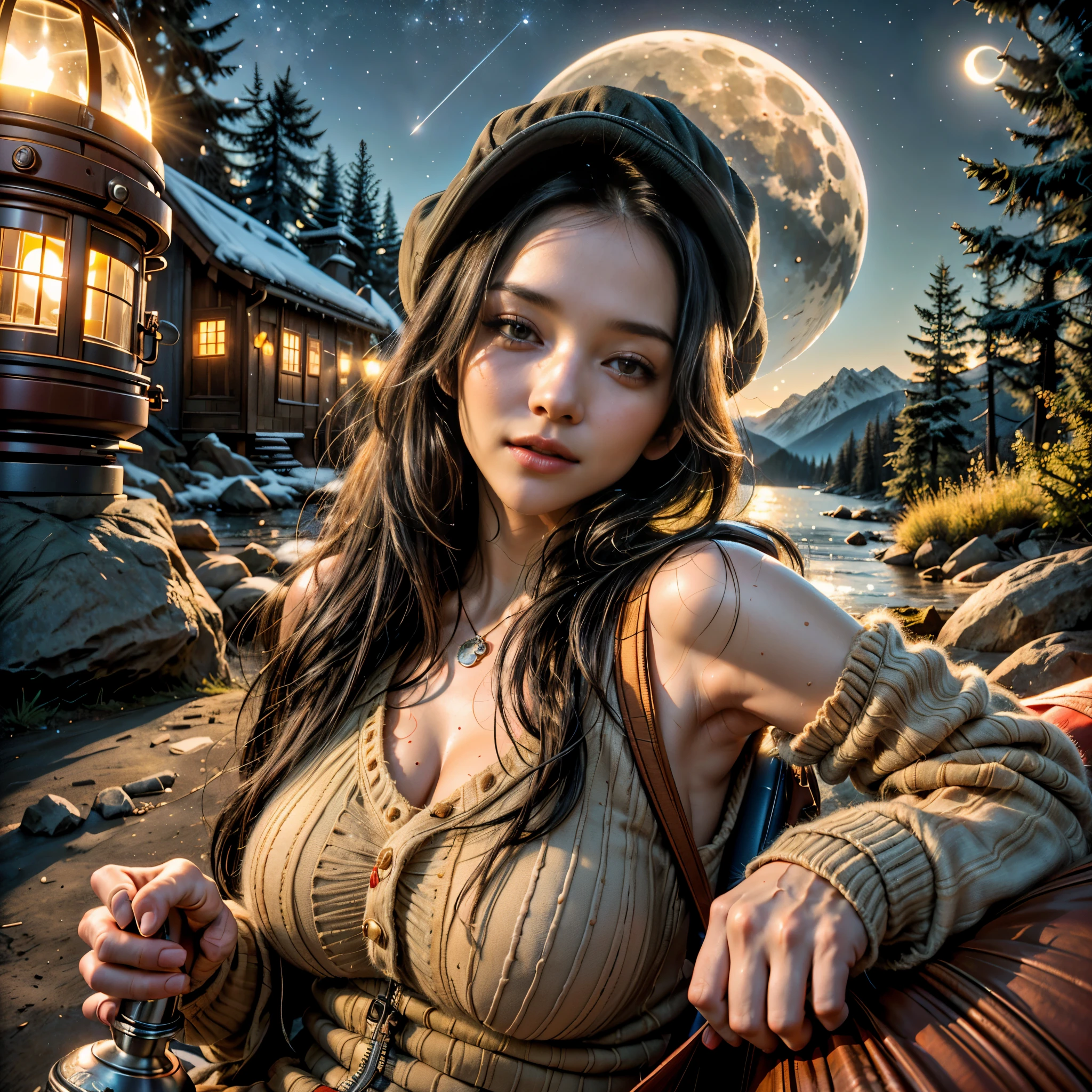 1 woman((upper body selfie, happy)), masterpiece, best quality, ultra-detailed, solo, outdoors, (night), mountains, nature, (stars, moon) cheerful, happy, backpack, sleeping bag, camping stove, water bottle, mountain boots, gloves, sweater, hat, flashlight, forest, rocks, river, wood, smoke, shadows, contrast, clear sky, analog style (look at viewer:1.2) (skin texture) (film grain:1.3), (warm hue, warm tone), jenya.d