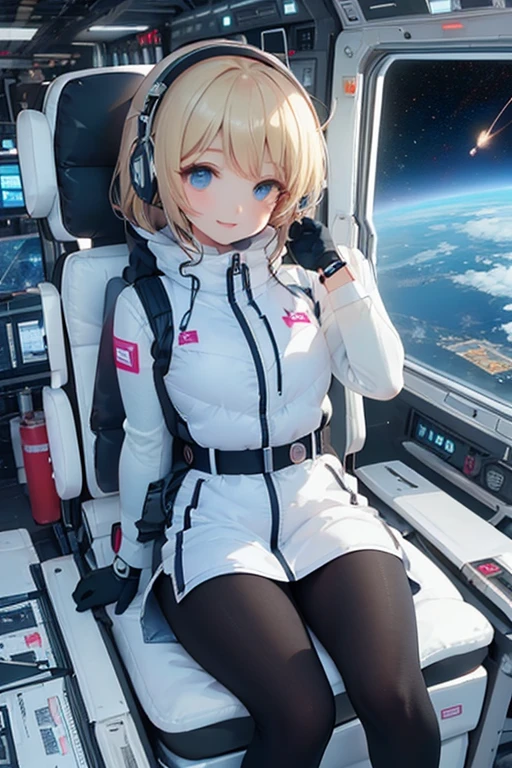 masterpiece, highest quality, high resolution, breasts, 20yo,1 girl,(solo):2,,blonde hair,(inside space station):2,flying:2,floatong:2,zero gravity,wind:1.5,anime lovelive style, BREAK headphone,(futurstic tight-fit bodysuit):2,(shiny silver long downvest):100,(northface silver metallic puffy downvest):2,(puffy):2,(black sleeves):5,(black tights):2,(black belt),futuristic boots and gloves,(smartwatch):100,astrovest BREAK 1 girls, sitting in spacecraft cabin with 4-point seat belt, securely fastened, space station interior, looking out of large windows at Earth below, beautiful eyes, she have aluminum foil pouch,(aluminum foil pouch with plastic viewing window):2, contains nutritious liquid or puree together, smiling and chatting, bright and cheerful expressions, high quality cinematic lighting, detailed textures, sharp focus,blue hair,blue eyes,