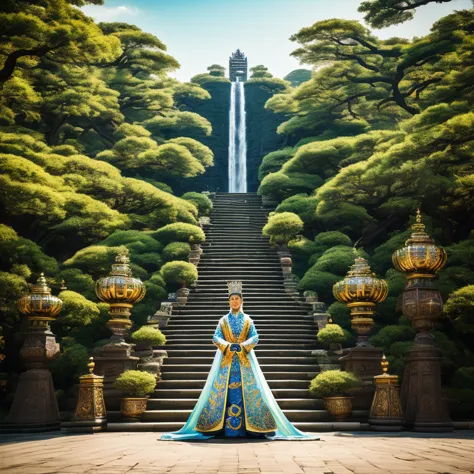 Queen, crown, pose, full body, by Qi Baishi and Chen Longque and Chen Dingbo, photo, panoramic, detailed background, best qualit...