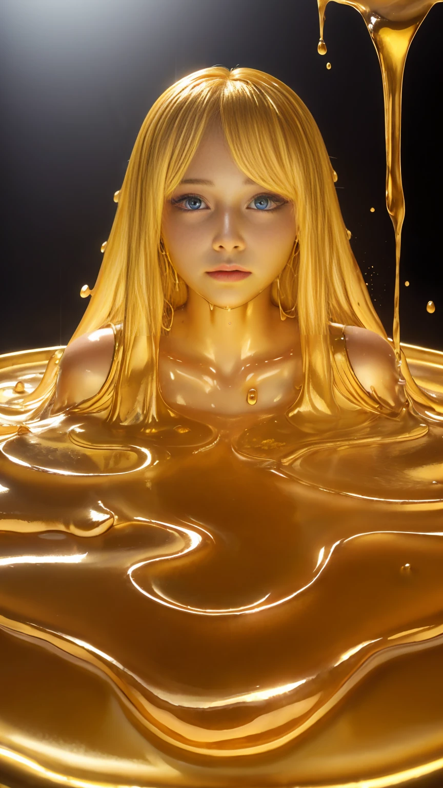 (High resolution,Tabletop:1.2),Super detailed,(Realistic:1.37),Portraiture,Full Body Shot、Slime Girl、Covered in golden slime, (Partially transparent), (Wet), (Blue Sweat), Golden liquid dripping from her body. Her hair is also Covered in golden slime. Golden slime scattered, Golden Hair, blue eyes、Super cute face