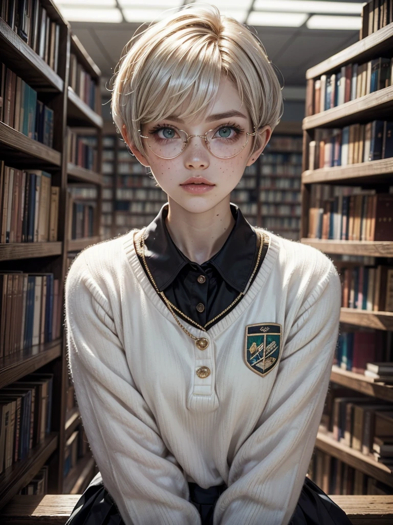 1girl, elegant bearing, small, slender build, short height, narrow shoulders, pale skin dotted by freckles, short platinum blonde hair, (((pixie cut hairstyle))), (((boyish hair))), (dark green eyes), silver glasses, cute facial features with an underlying elegance, thin lips, small breasts, youthful teen girl, RAW photo, ((slim body: 1)), (HQ skin: 1.4), 8k uhd, soft light, high quality, ((school uniform, white clothes, gold accents, (looking at viewer:1.4), library
