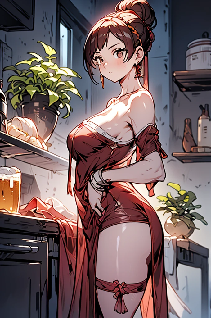 (from below:1.2), (perky chest:1.2), (pointed chest:1.2), 1girl, Bust A Cup, Amazing Cleavage:1.1, thin waist, big ass, Raised cute, small breast: 1.1 posed cleavage:1.2、solo, looking at viewer, have a cute glass of cute beer glass,black hair, dark green eyes, dress, bare shoulders, jewelry, collarbone, side locks, hairband, earrings, indoors, off shoulder, arms behind back, plants, short hair with long locks, gild hairband, off-shoulder dress, sweater dress, off-shoulder sweater, red sweater, dark gold hair, big side hair, very long side hair,is rendered in (masterpiece: 1.2, best quality), with (ultra high resolution) and an exquisite (depth of field). This masterpiece is not only visually stunning but also tells,A scene of cooking in the kitchen 