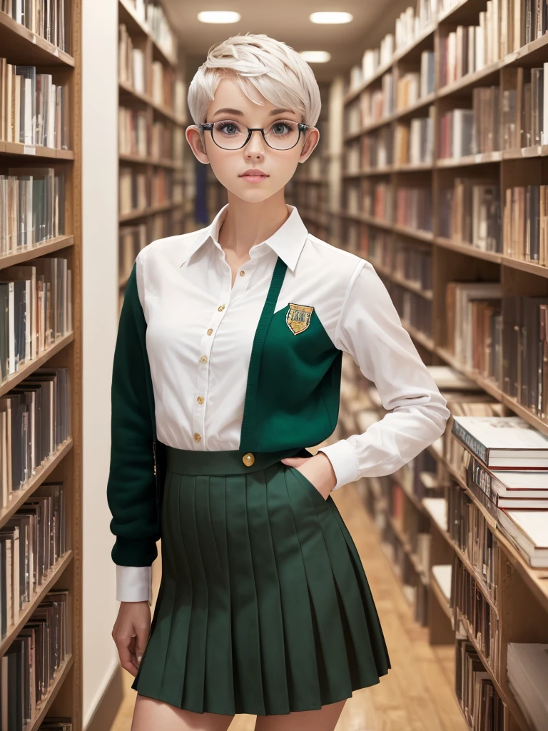 1girl, elegant bearing, small, slender build, short height, narrow shoulders, pale skin dotted by freckles, short platinum blonde hair, (((pixie cut hairstyle))), (((boyish hair))), (dark green eyes), silver glasses, cute facial features with an underlying elegance, thin lips, small breasts, youthful teen girl, RAW photo, ((slim body: 1)), (HQ skin: 1.4), 8k uhd, soft light, high quality, ((school uniform, white clothes, gold accents, (looking at viewer:1.4), library
