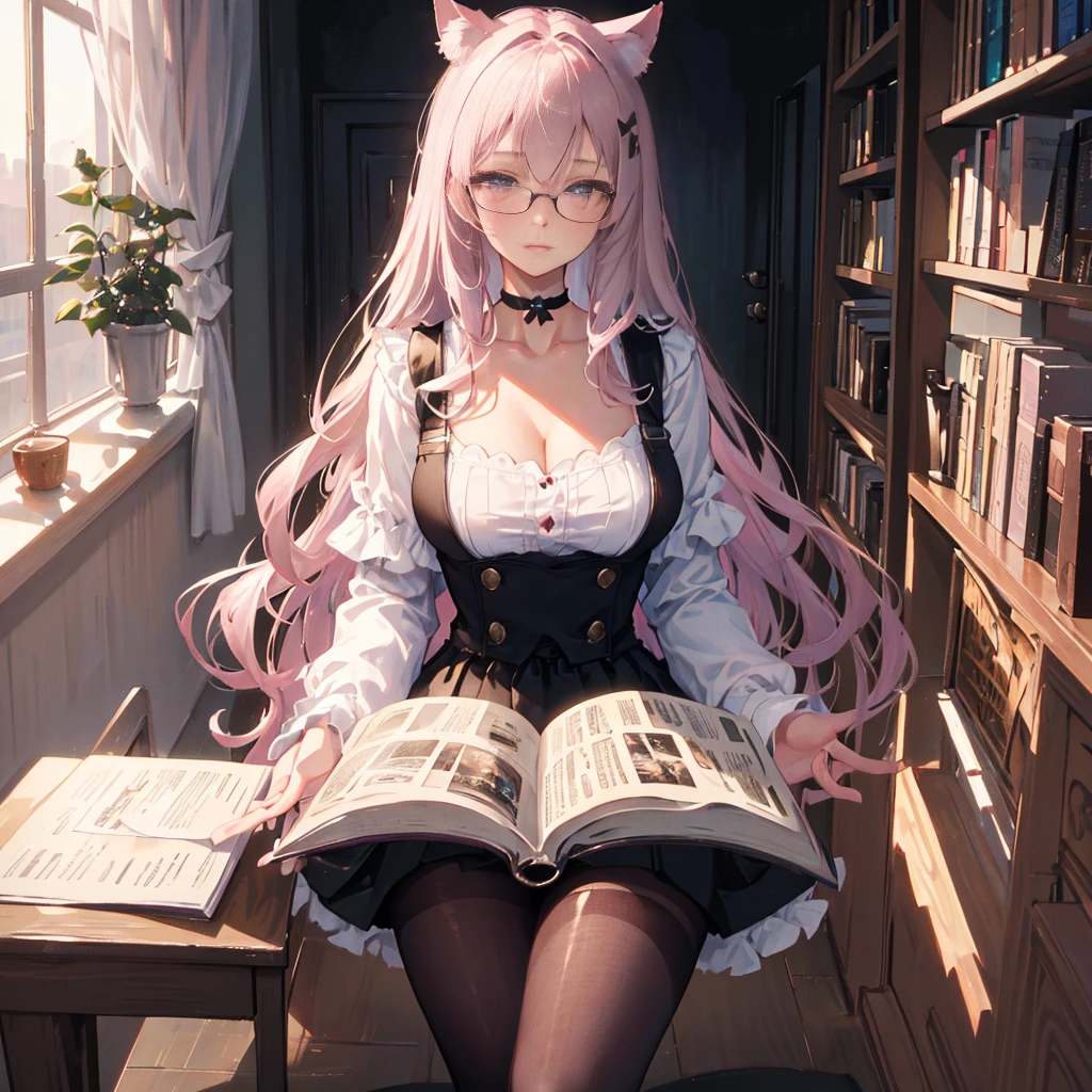 Solo, 1girl, masterpiece, best quality, extremly detailed, Cinematic lighting, intricate detail, highres, official art, finely detailed beautiful face and eyes, high resolution illustration, 8k, dark intense shadows, overexposure,  [silver hair], single braid, pink eyes, glasses, smug, sitting on chair, upper body, (opaque brown pantyhose), large breasts, V-neck, choker, white shirt, suspenders, book_stack, library, ((vine)), rose, looking at the viewer, cat ears, 