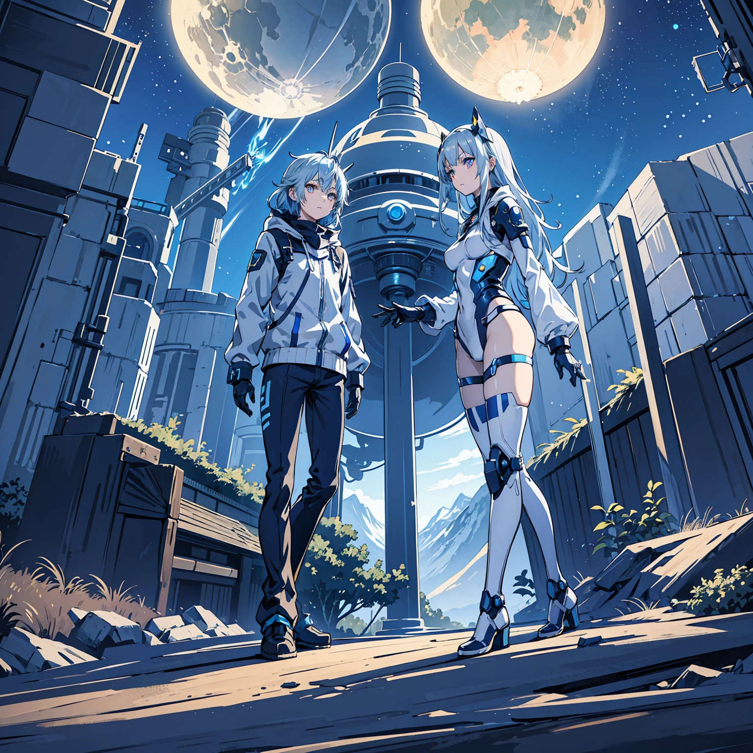 Anime, 2 Characters, 1 Anime Girl, Silver Blue Hair, blue glowing star-shaped eyes, 1 Puppet, metallic, tall, Robot, Fantasy, Lights, outdated, old style, bronze silver and blue, Nature, Biomes with mountains