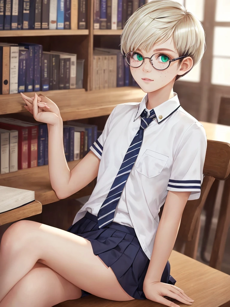 1girl, elegant bearing, small, slender build, short height, narrow shoulders, pale skin dotted by freckles, short platinum blonde hair, (((pixie cut hairstyle))), (((boyish hair))), (dark green eyes), silver glasses, cute facial features with an underlying elegance, thin lips, small breasts, youthful teen girl, RAW photo, ((slim body: 1)), (HQ skin: 1.4), 8k uhd, soft light, high quality, ((school uniform, white clothes, gold accents, (looking at viewer:1.4), library
