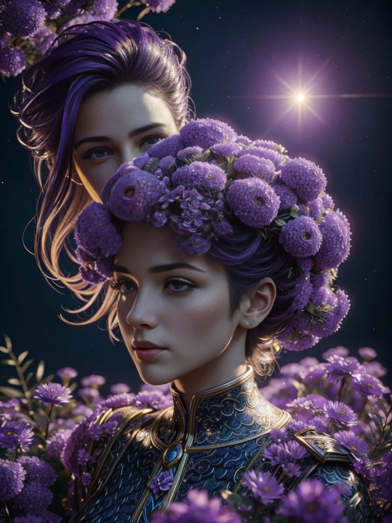 Incredible and spectacular scene, ((high high quality)), ((Detailed pubic hair)), ((Fantastical)), "purple plasma brain, purple plasma body, actual, Best quality, 4K, Flowers trapped in blisters on top realistic, (Handsome caucasian beautiful girl), Full body lesbian, 20 years, image quality (3D rendering effect) , exquisite detailing,