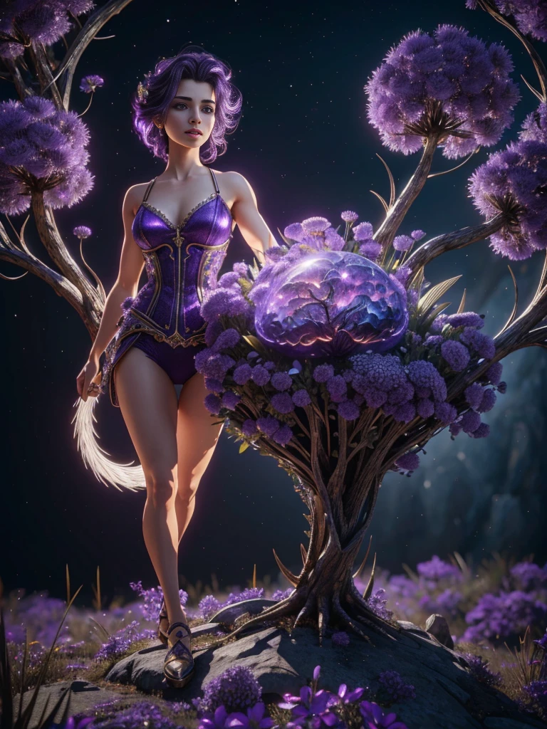 Incredible and spectacular scene, ((high high quality)), ((Detailed pubic hair)), ((Fantastical)), "purple plasma brain, purple plasma body, actual, Best quality, 4K, Flowers trapped in blisters on top realistic, (Handsome caucasian beautiful girl), Full body lesbian, 20 years, image quality (3D rendering effect) , exquisite detailing,