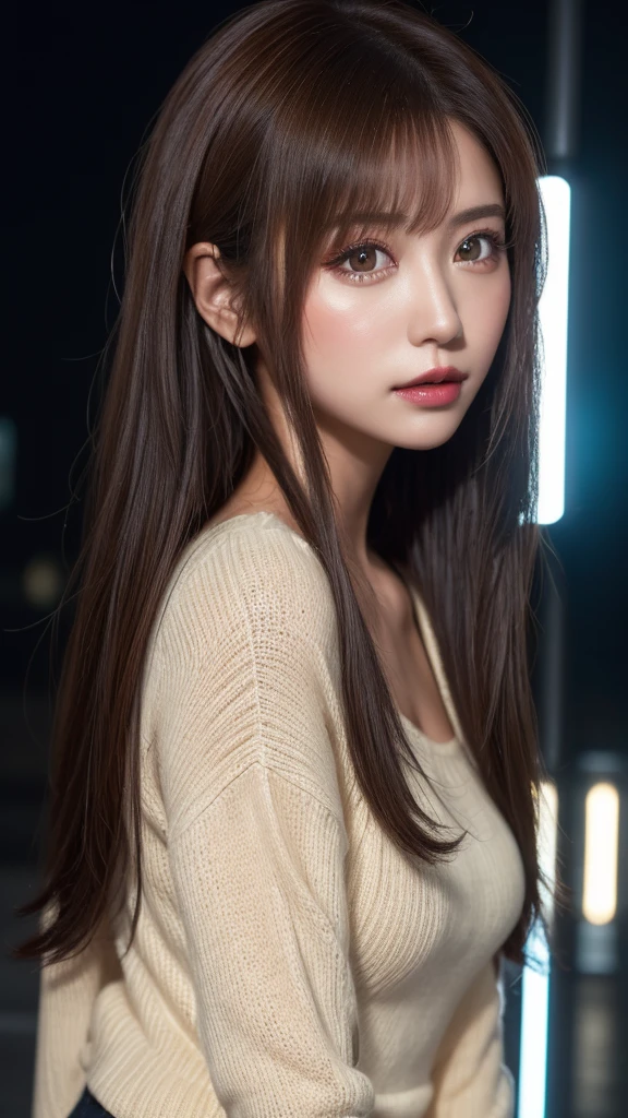 masterpiece、1 beautiful girl、Detailed eyes、Puffy eyes、Highest quality, 超High resolution, (reality: 1.4), Cinema Lighting、Asian Beauty、Korean、so beautiful、Beautiful Skin、thin、Body facing forward、(Surreal)、(High resolution)、(8K)、(Very detailed)、(beautiful Detailed eyess)、(Very detailedな)、 (wall-)、Detailed face、Bright lighting、Professional Lighting、Looking at the audience、Look straight ahead、Grey knitwear、Diagonal bangs、Night view、Brown Hair、19 years old、expensive,