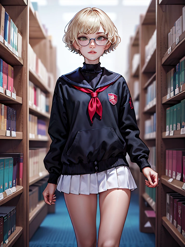 1girl, elegant bearing, small, slender build, short height, narrow shoulders, pale skin dotted by freckles, short platinum blonde hair, (((pixie cut hairstyle))), (((boyish hair))), (dark green eyes), silver glasses, cute facial features with an underlying elegance, thin lips, small breasts, youthful teen girl, RAW photo, ((slim body: 1)), (HQ skin: 1.4), 8k uhd, soft light, high quality, ((school uniform, white clothes, gold accents, (looking at viewer:1.4), library
