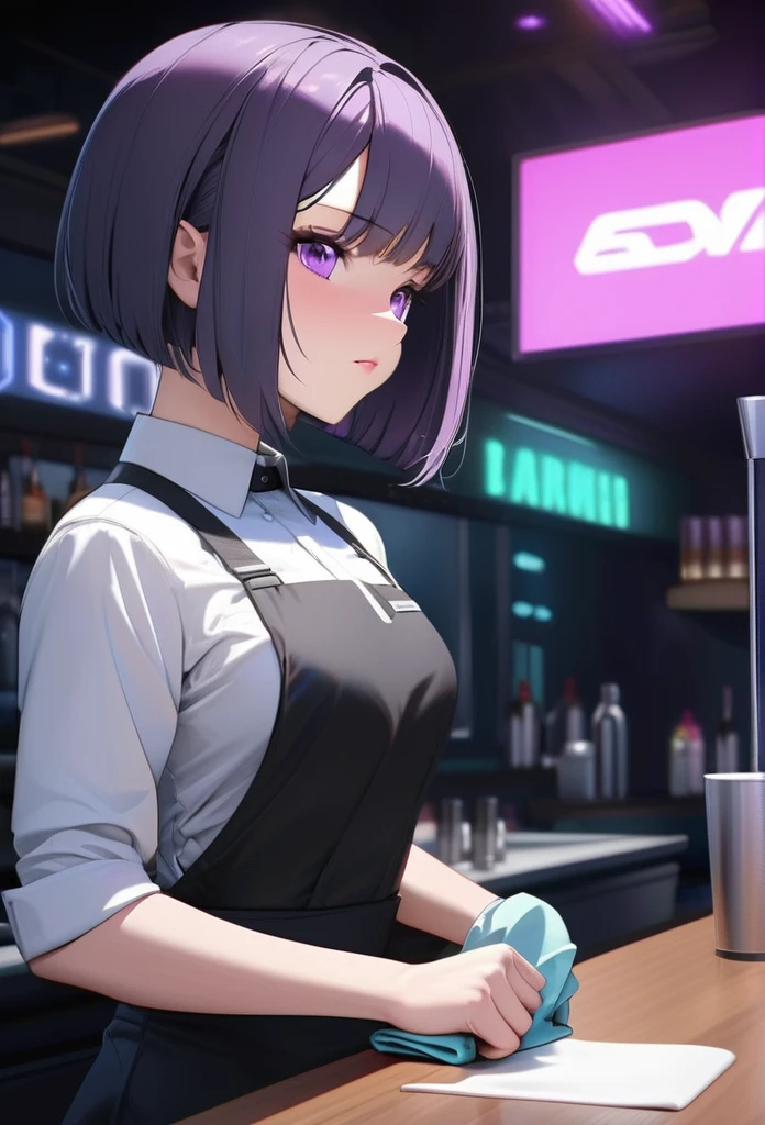 Adult Female, Black purple hair, slanted bob haircut, phlegmatic, stoic expression, perfect purple eyes, cyberpunk bar, bartender, bartender uniform, highly detailed, high quality, perfect quality, 8k, solid black pupils