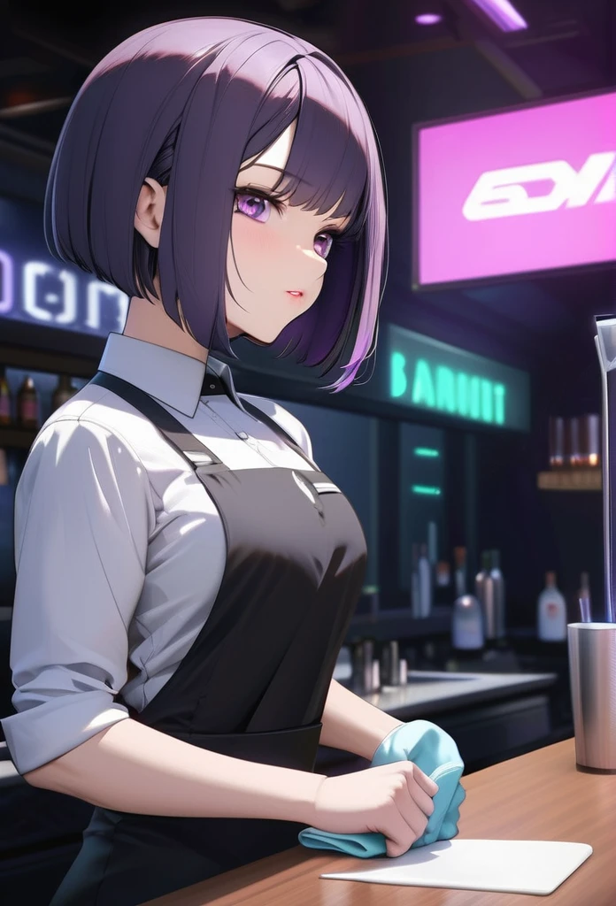 Adult Female, Black purple hair, slanted bob haircut, phlegmatic, stoic expression, perfect purple eyes, cyberpunk bar, bartender, bartender uniform, highly detailed, high quality, perfect quality, 8k, solid black pupils