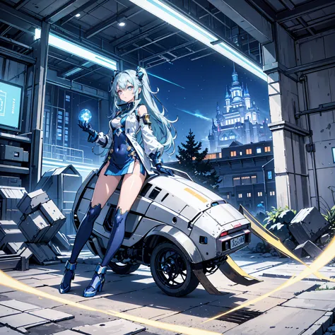 Anime, 2 Characters, 1 Anime Girl, Silver Blue Hair, blue glowing star-shaped eyes, 1 Puppet, metallic, tall, Robot, Fantasy, Li...