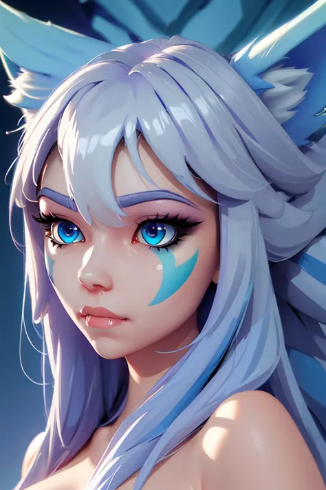 io,blue eyes, wolf ears, wolf tail, very long light blue hair, facial mark on left cheek,twin braids, fang, 
 moonlight, grass, ...