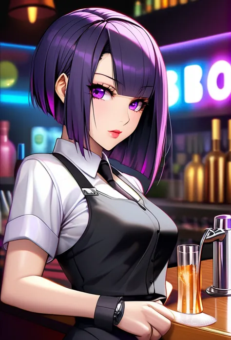 adult female, black purple hair, slanted bob haircut, phlegmatic, stoic expression, perfect purple eyes, cyberpunk bar, bartende...