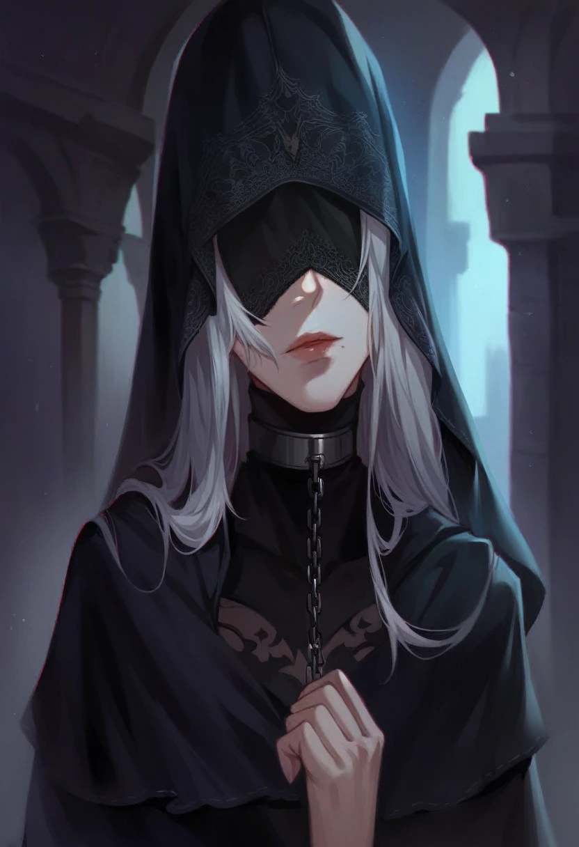 anime girl in black cape and hood holding a chain, dark fantasy style art, non-style artwork by guweiz, Dark fantasy portrait, painted in the style arcane, Dark Fantasy Illustration, fanart best art station, alexandra fomina artstation, BLACK VEIL, translucent blind mask, full body, 2b outfit, 2b nier dress, nier outfit