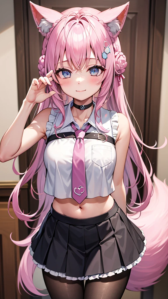 The Masterpiece,best qualiy,Hi-Res,standing a,DEF1,lora:Koyori-000015:1,Pink tie,tights,hairornaments,lilac eyes,One-sided braid,smiles,1girl, animal ear fluff, animal ears, arm behind back, bangs, black choker, black skirt, blue eyes, blush, braid, braided bun, breasts, brown pantyhose, choker, closed mouth, cowboy shot, (pose), crown braid, double bun, frilled skirt, frills, hair bun, hair ornament, hakui koyori, indoors, long hair, medium breasts, midriff, Miniskirt, navel, necktie, pantyhose, pink hair, pink necktie, shirt, skirt, sleeveless, sleeveless shirt, smile, 独奏, standing, tail, hite shirt, wolf ears, Wolf tail, masterpiece,highres,best quality, masterpiece, best quality, ultra-detailed,Covered in white milk、Bathed in white milk、