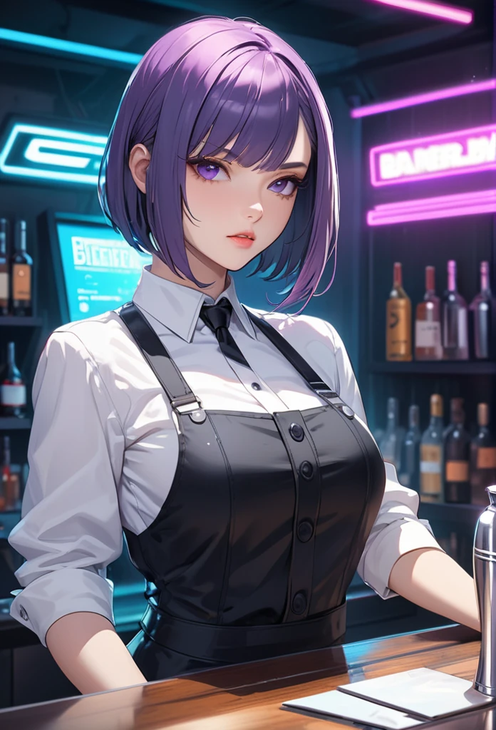 Adult Female, Black purple hair, slanted bob haircut, phlegmatic, stoic expression, perfect purple eyes, cyberpunk bar, bartender, bartender uniform, highly detailed, high quality, perfect quality, 8k, solid black pupils