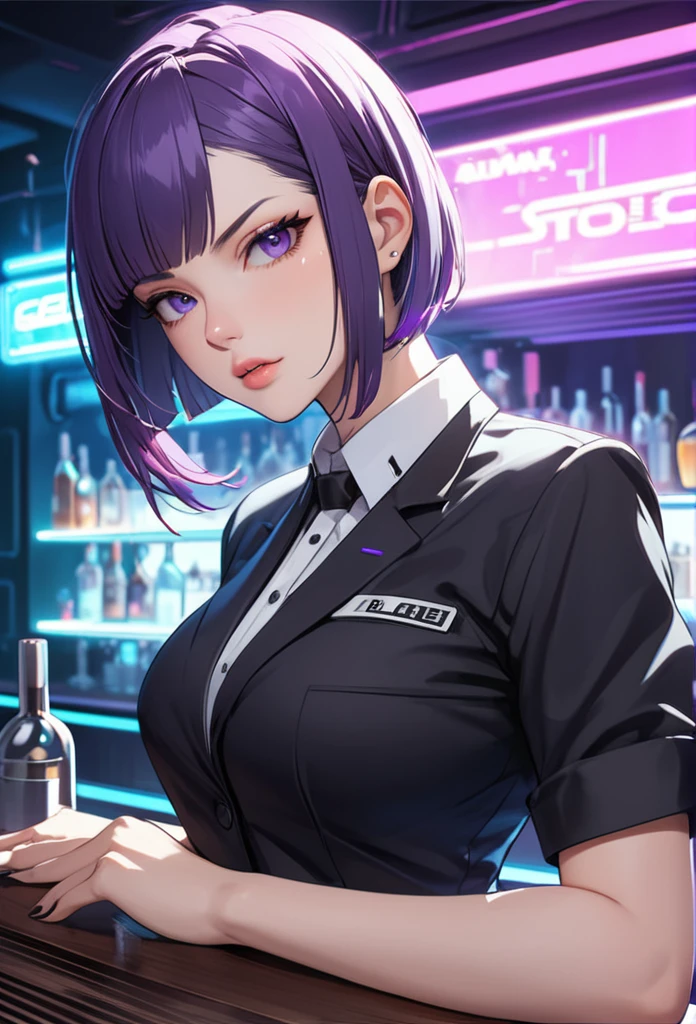 Adult Female, Black purple hair, slanted bob haircut, phlegmatic, stoic expression, perfect purple eyes, cyberpunk bar, bartender, bartender uniform, highly detailed, high quality, perfect quality, 8k, solid black pupils