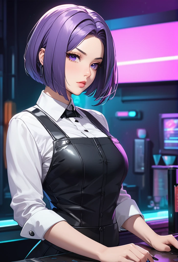 Adult Female, Black purple hair, slanted bob haircut, phlegmatic, stoic expression, perfect purple eyes, cyberpunk bar, bartender, bartender uniform, highly detailed, high quality, perfect quality, 8k, solid black pupils